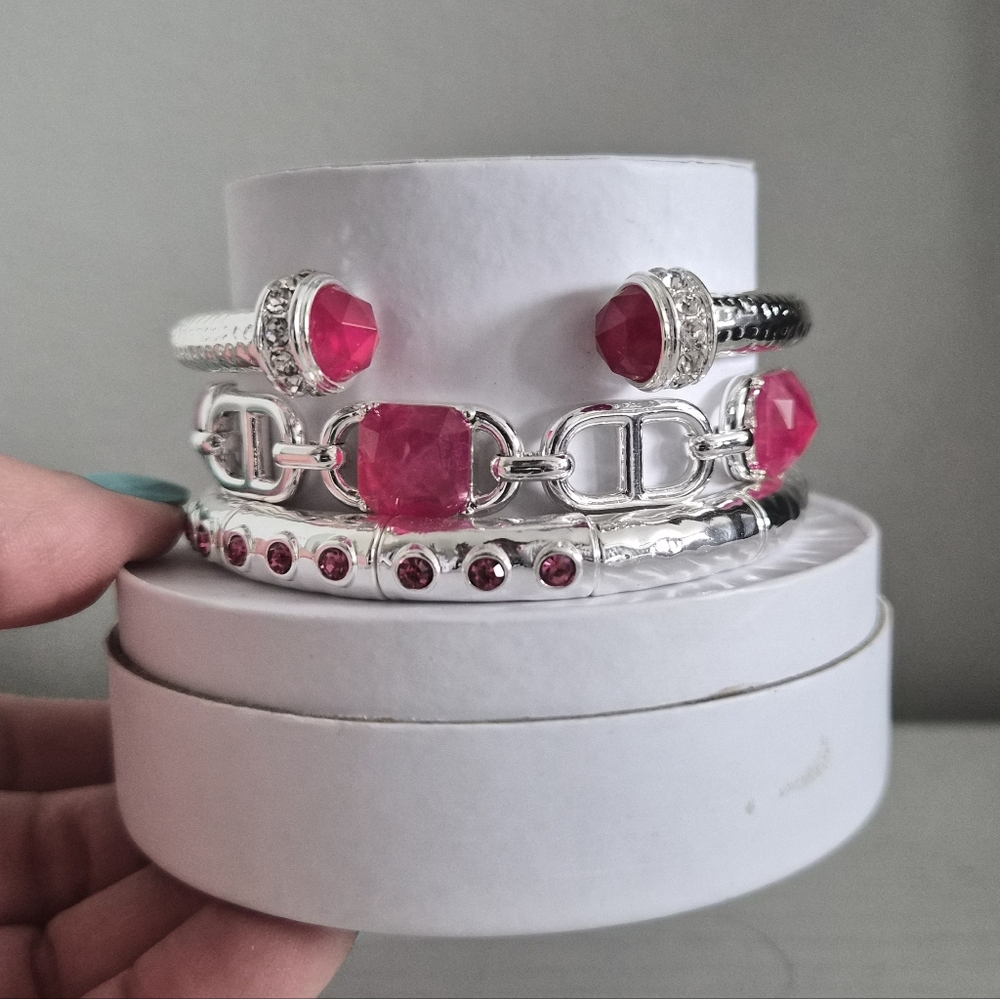 Elegant Silver and Pink Bracelet Set